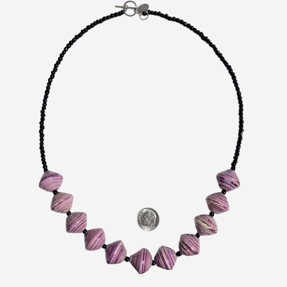 Bead For Life Necklace Paper Glass Beaded Purple Black Handmade Artisan Uganda - Picture 4 of 8
